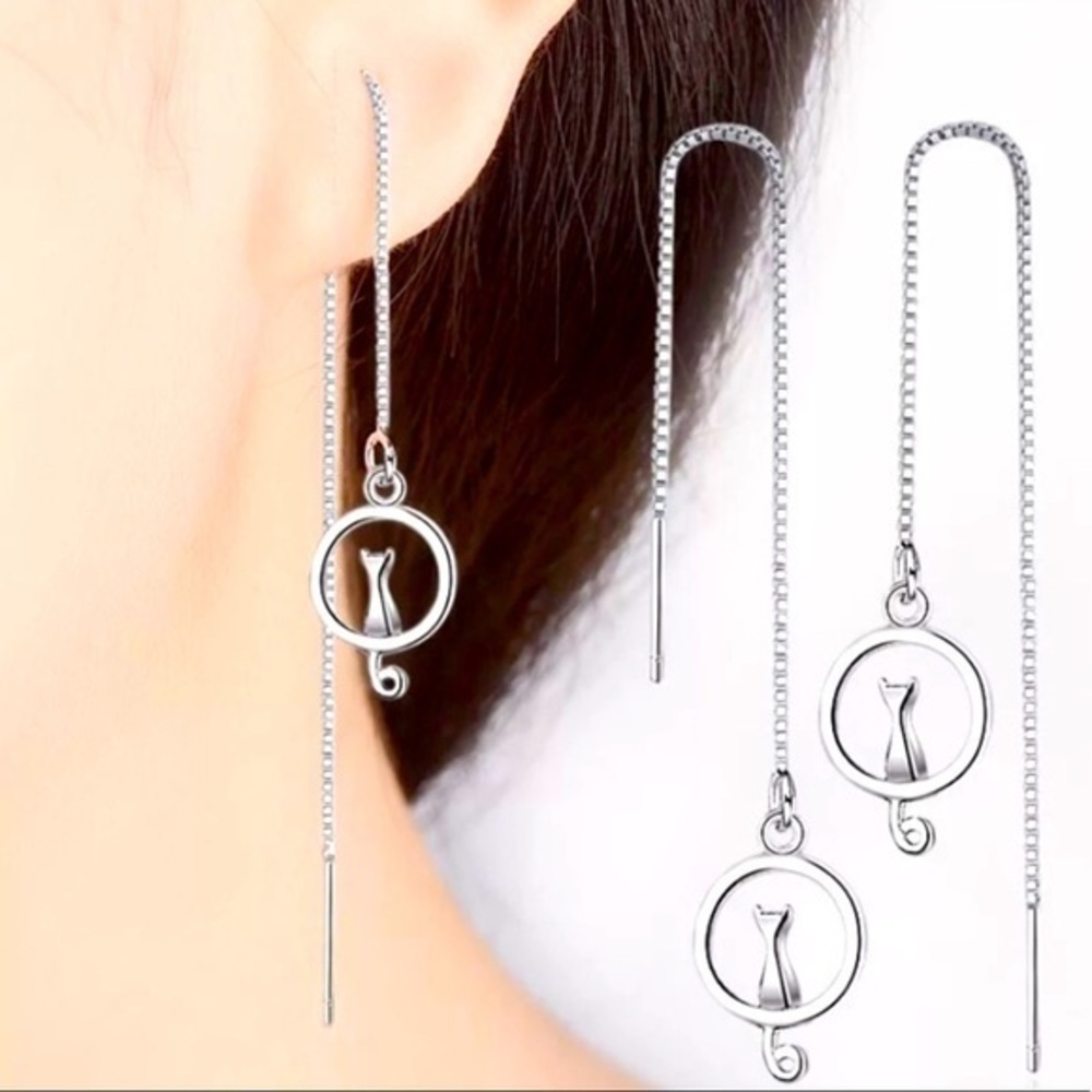 Cat kitten 925 Tassel Earrings threader kitty